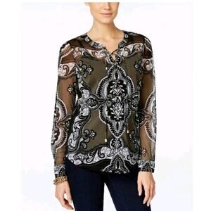 INC International Concepts Green LACE-UP MESH PRINT Sheer Blouse Shirt Top XXL